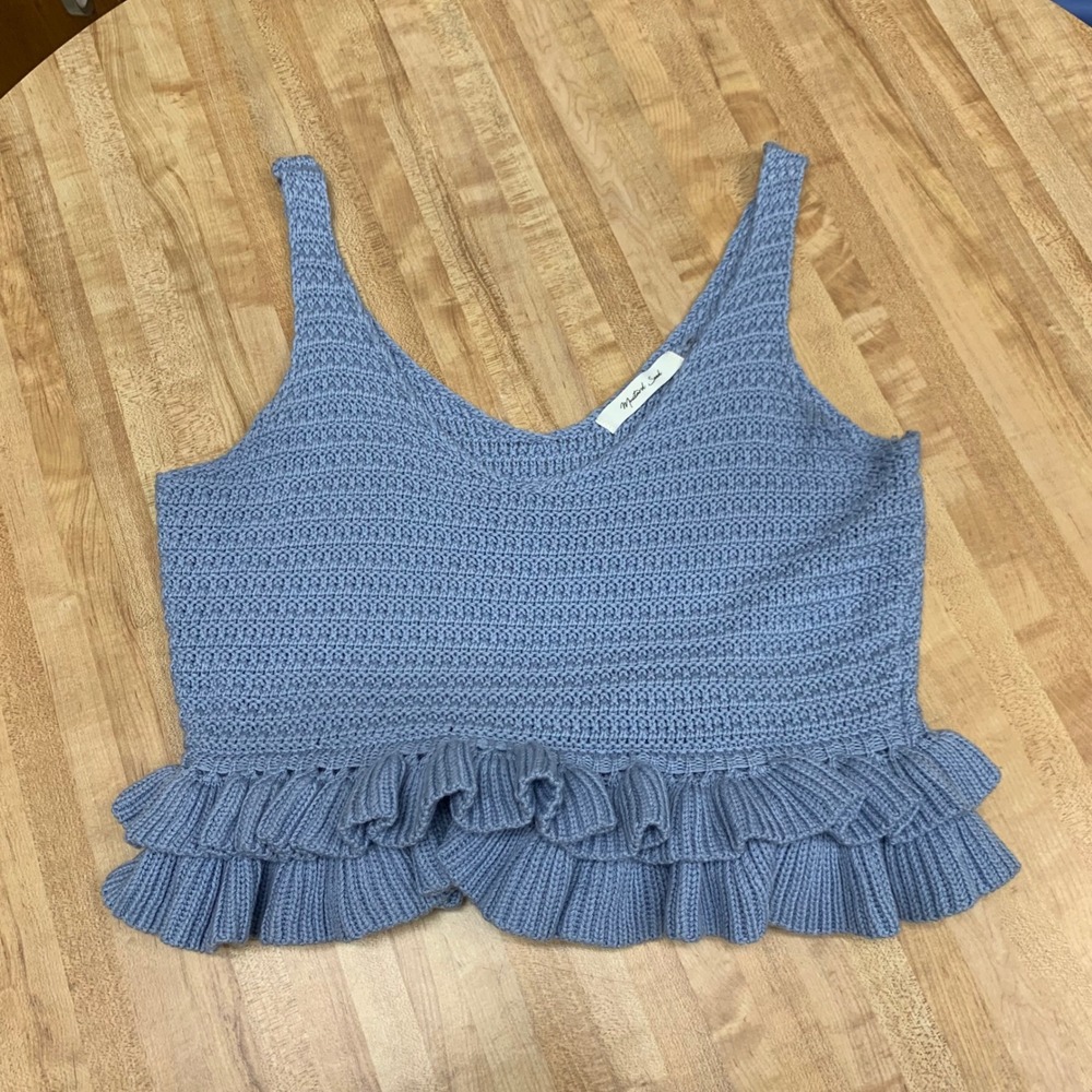 Mustard‎ Seed Tank Top Womens L Blue Knit Ruffle Hem V-Neck S21523 Crochet Style